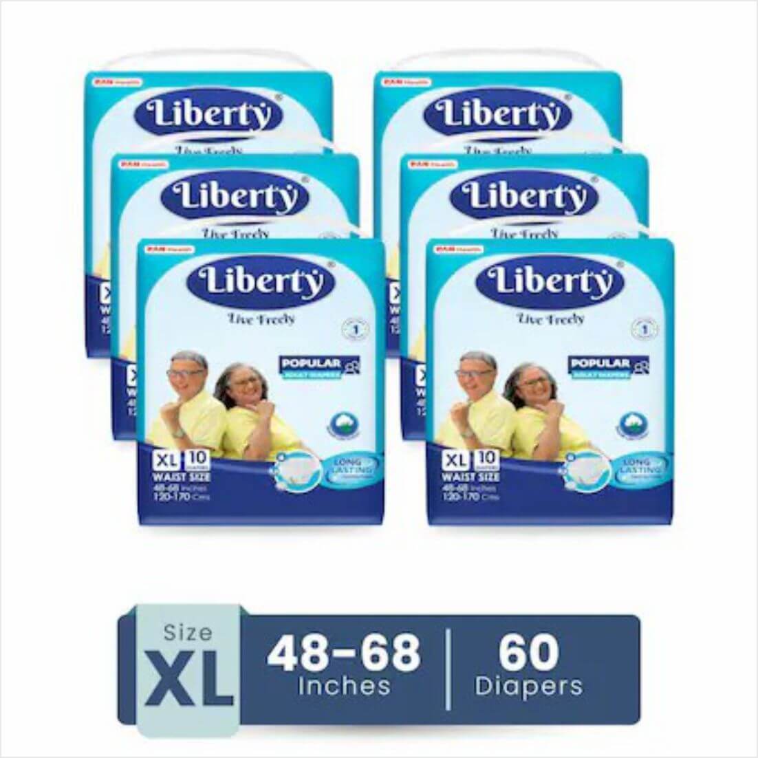 Liberty Adult Diaper, XL -10's Pcs (120-170 cm or 48-68 inch) - XL (60 Pieces) (Pack of 6)