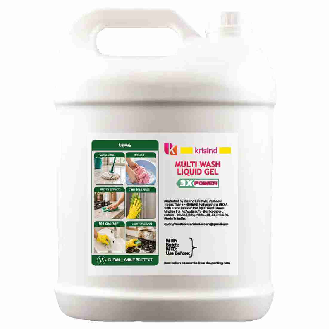 Krisind Multi Wash Liquid Gel 5L | Multi Purpose Cleaner for Kitchen, Floor, Bathroom & Hard Surfaces | 3X Power Grease & Hard Water Stain Remover | Fresh Lemon Fragrance | Gentle on Hands - Image 2