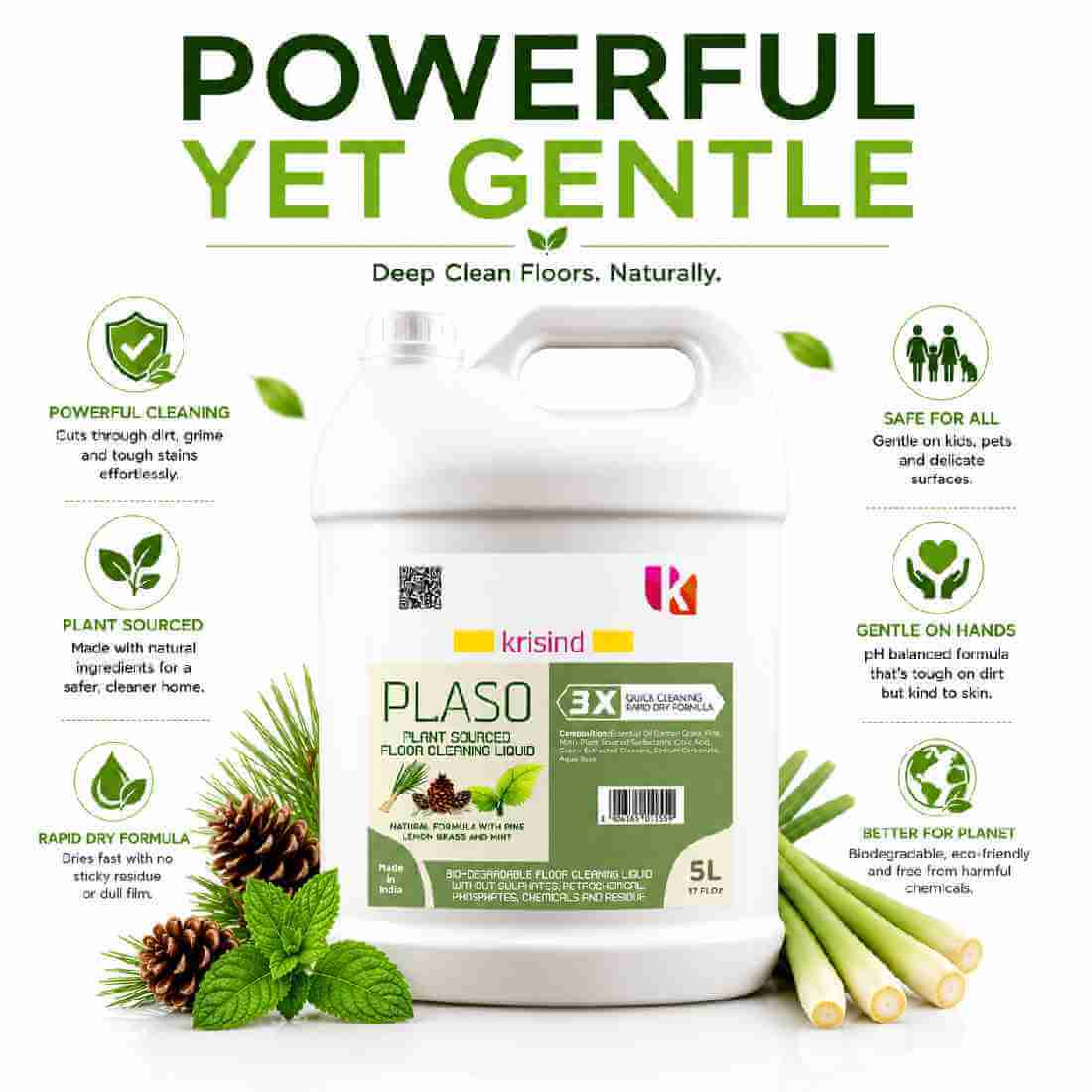 Krisind PLASO™ Natural Floor Cleaner Liquid 5L | Kids & Pet Safe | Lemongrass Floor Cleaner | Non Toxic | No Sulfates, Phosphates, Petrochemicals - Image 5