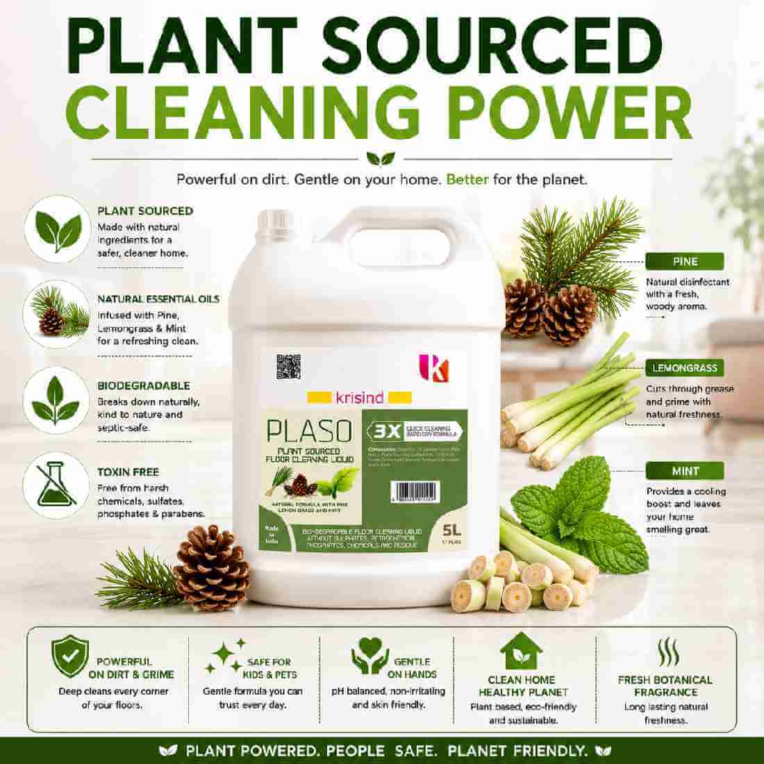 Krisind PLASO™ Natural Floor Cleaner Liquid 5L | Kids & Pet Safe | Lemongrass Floor Cleaner | Non Toxic | No Sulfates, Phosphates, Petrochemicals - Image 4
