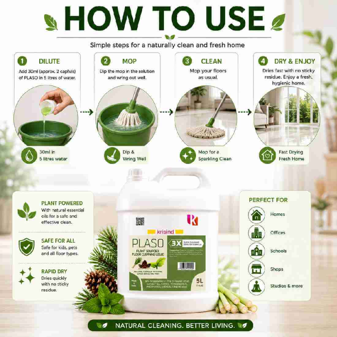 Krisind PLASO™ Natural Floor Cleaner Liquid 5L | Kids & Pet Safe | Lemongrass Floor Cleaner | Non Toxic | No Sulfates, Phosphates, Petrochemicals - Image 3