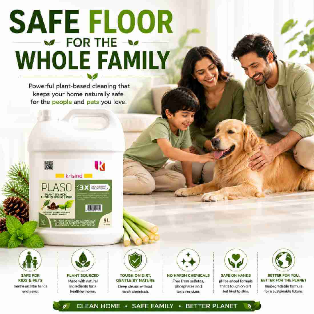 Krisind PLASO™ Natural Floor Cleaner Liquid 5L | Kids & Pet Safe | Lemongrass Floor Cleaner | Non Toxic | No Sulfates, Phosphates, Petrochemicals - Image 2